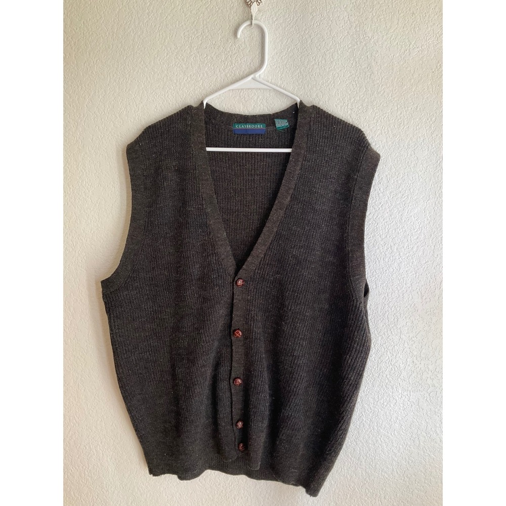 Claybrooke Mens XL Wool Blend Ribbed Button Front Sweater Vest Charcoal Gray